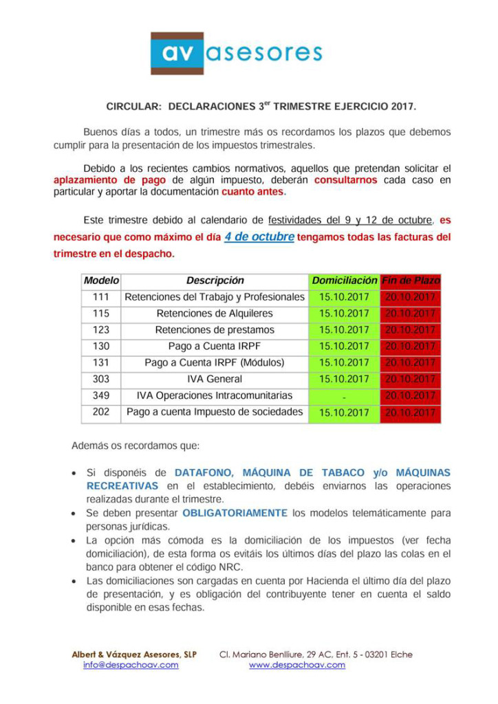 CIRCULAR: IMPUESTOS 3º TRIMESTRE EJERCICIO 2017